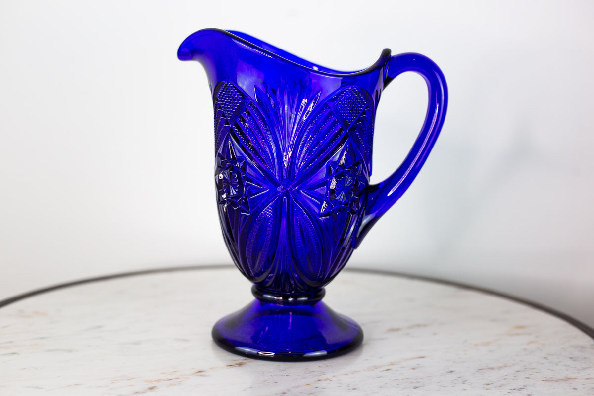 Cobalt Blue Morgantown Pitcher with five glass — Antique