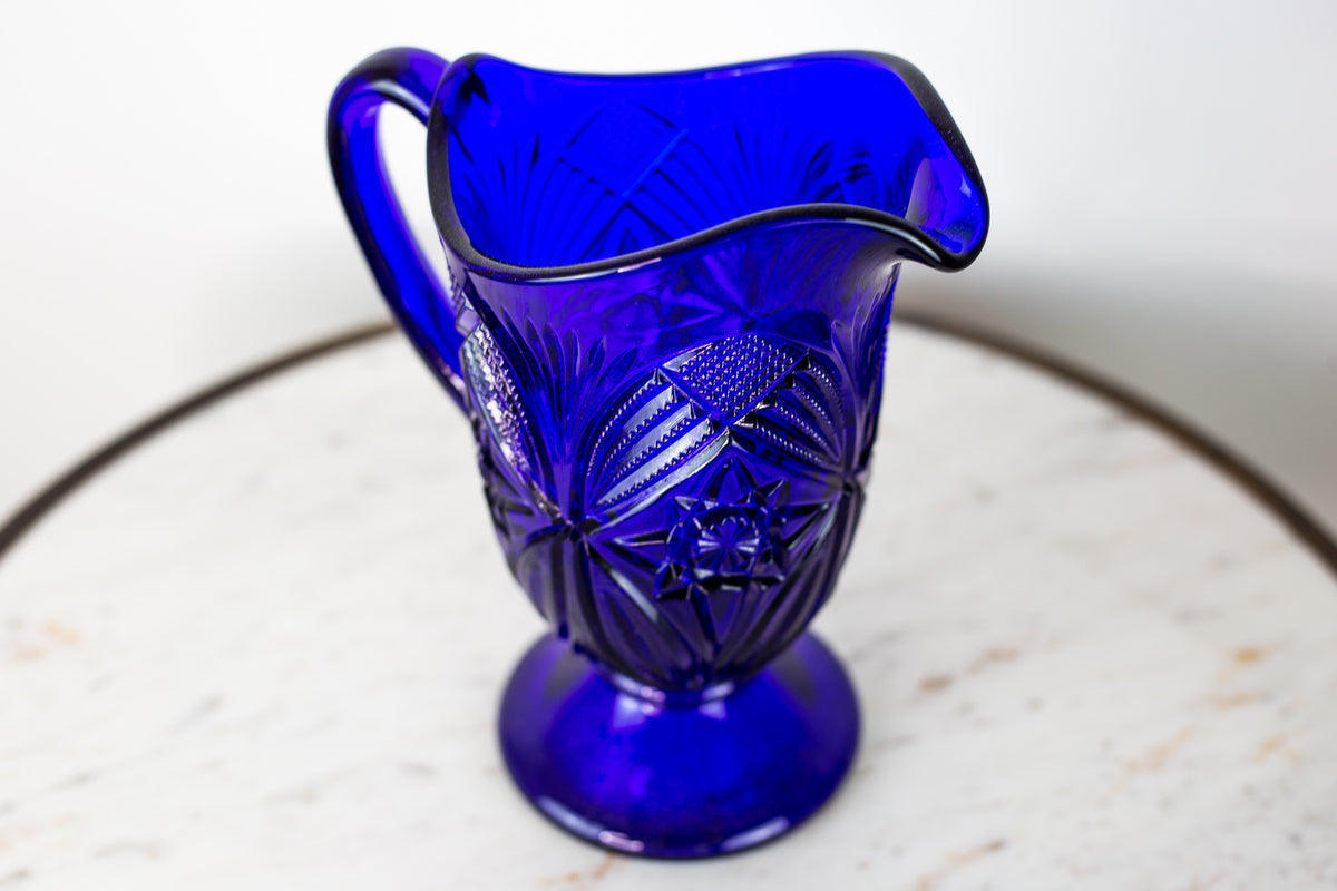 Vintage Cobalt Blue Glass Milk Pitcher Arrow Design Creamer Mid