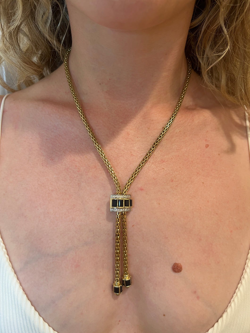 Vintage Gold Onyx & Diamond Bolo Necklace 