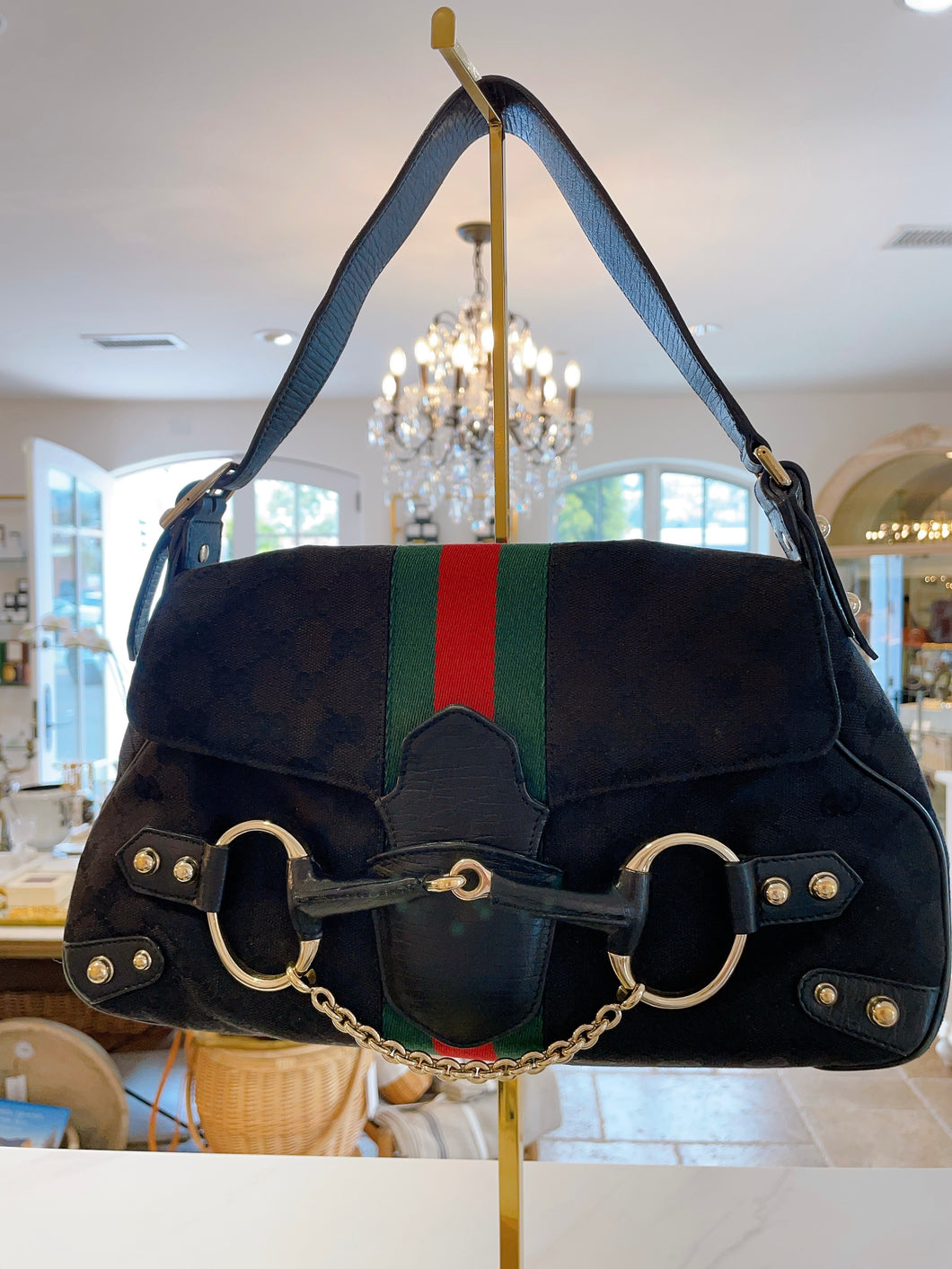 Vintage Gucci Black GG Web Horsebit Hobo Bag