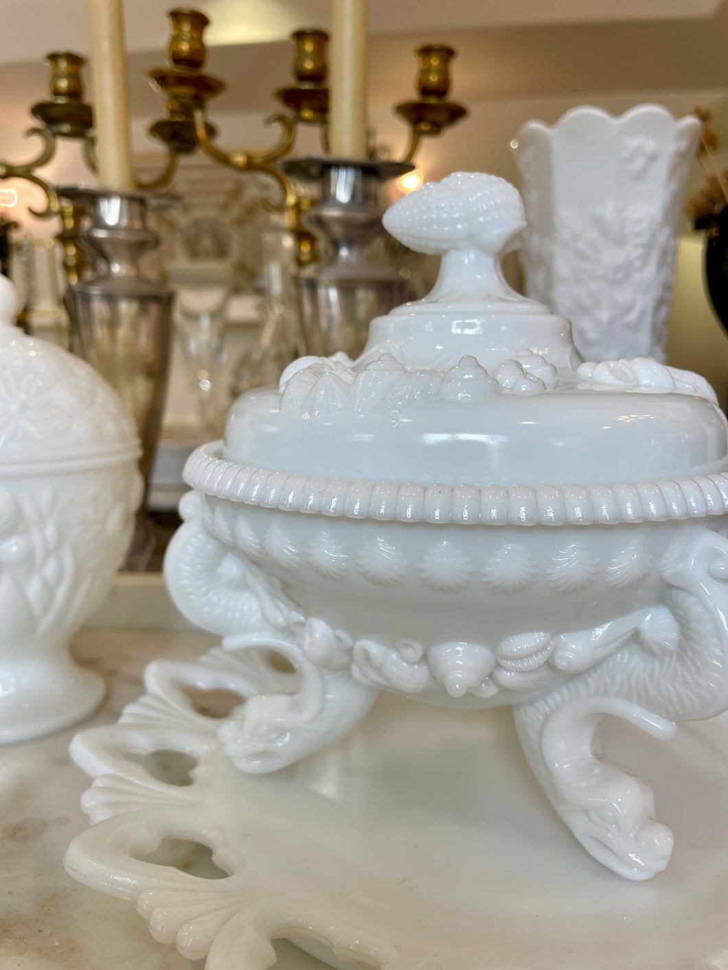Vintage Footed Milk Glass with Seashells