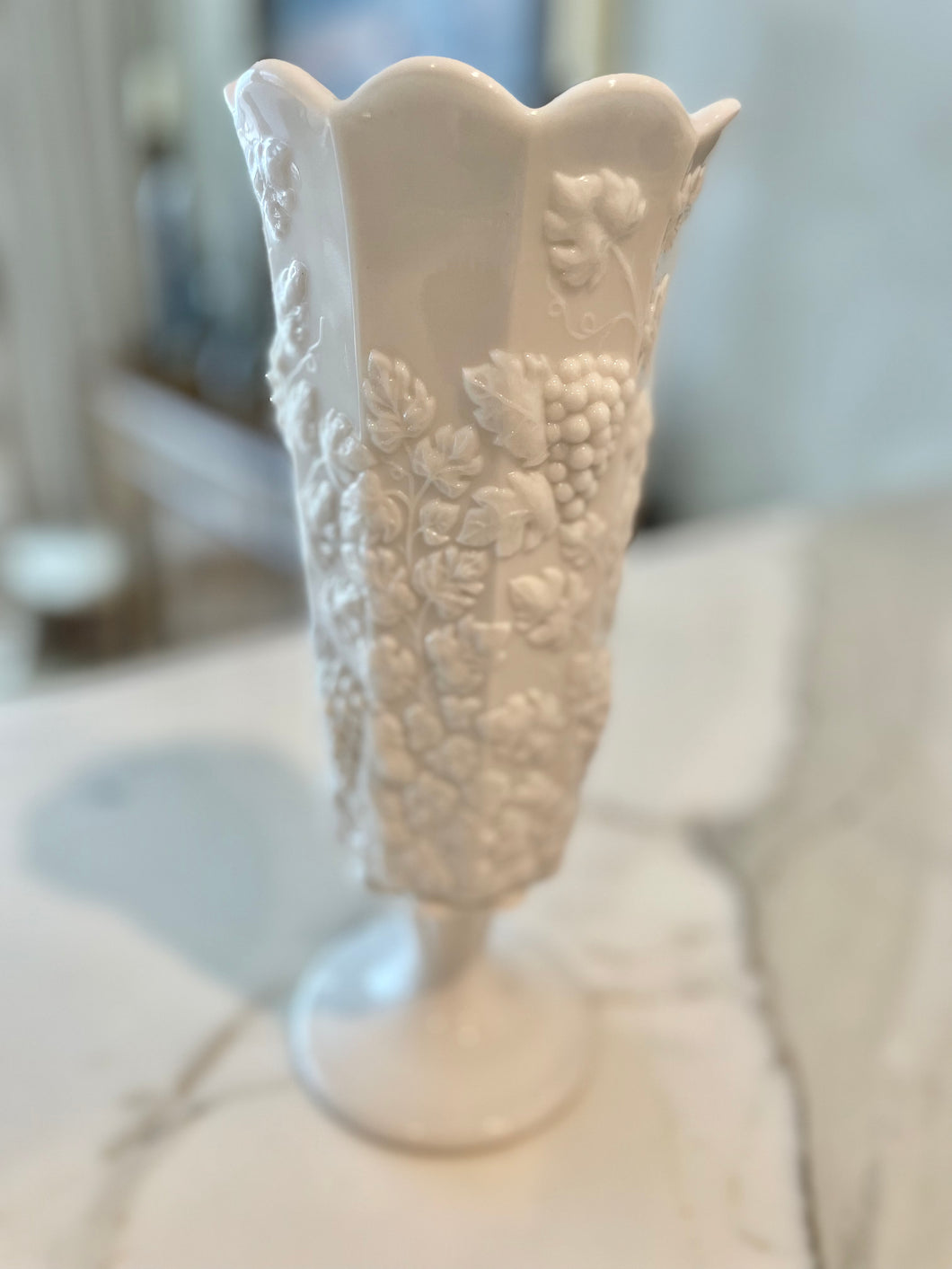 Vintage Tall Pedestal Milk Glass Vase