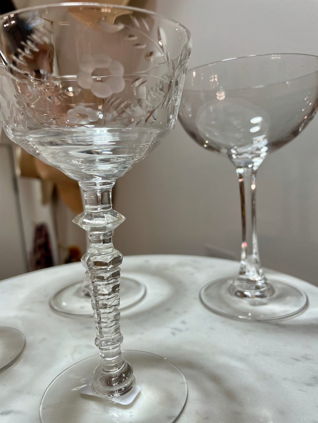 Vintage Coupes Etched Flowers Pair/2 Glasses